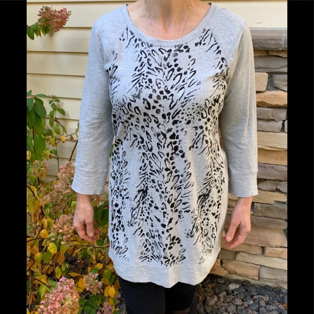 NWT Style & Co Sport Grey Black Petals 100% Cotton Long Sweater, Med